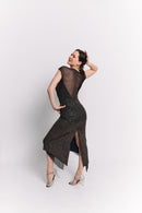 Black Lurex Wide Strap Sweetheart Midi Dress
