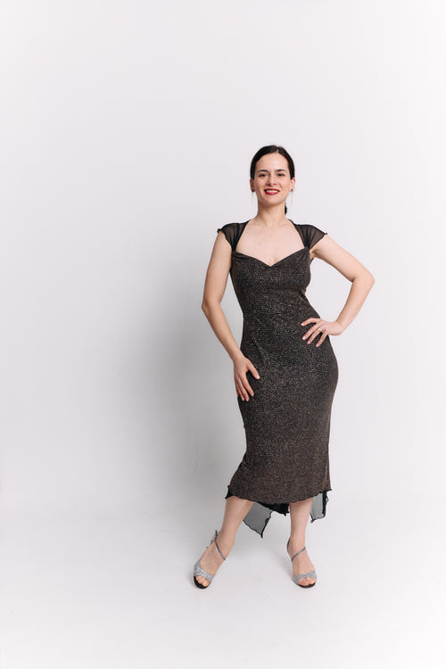 Black Lurex Wide Strap Sweetheart Midi Dress