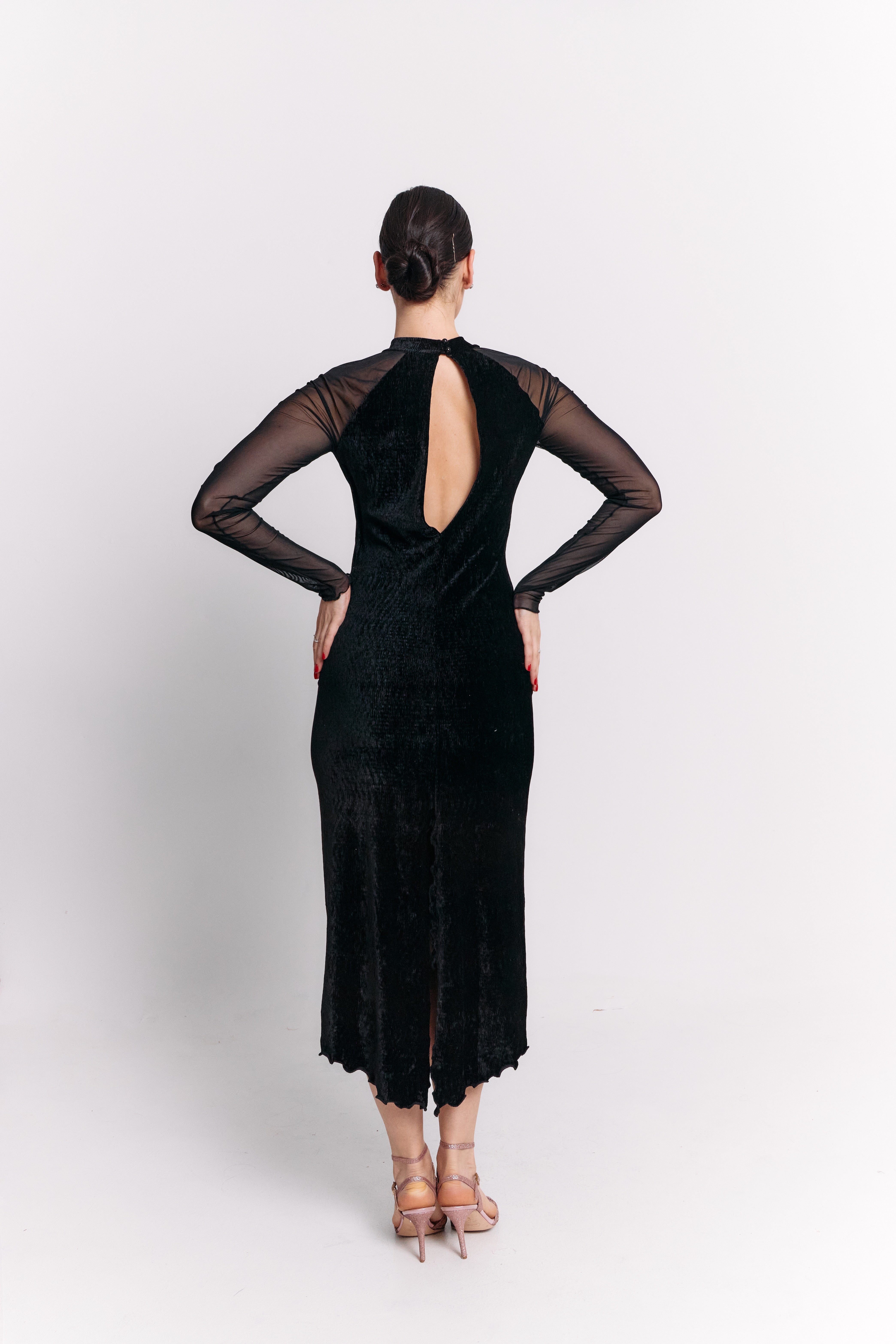 Black Velvet High Neck Open Back Midi Dress