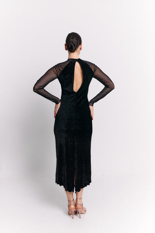 Black Velvet High Neck Open Back Midi Dress