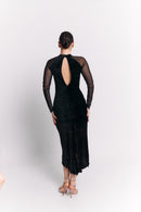 Black Velvet High Neck Open Back Midi Dress