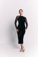 Black Velvet High Neck Open Back Midi Dress