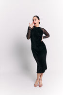 Black Velvet High Neck Open Back Midi Dress