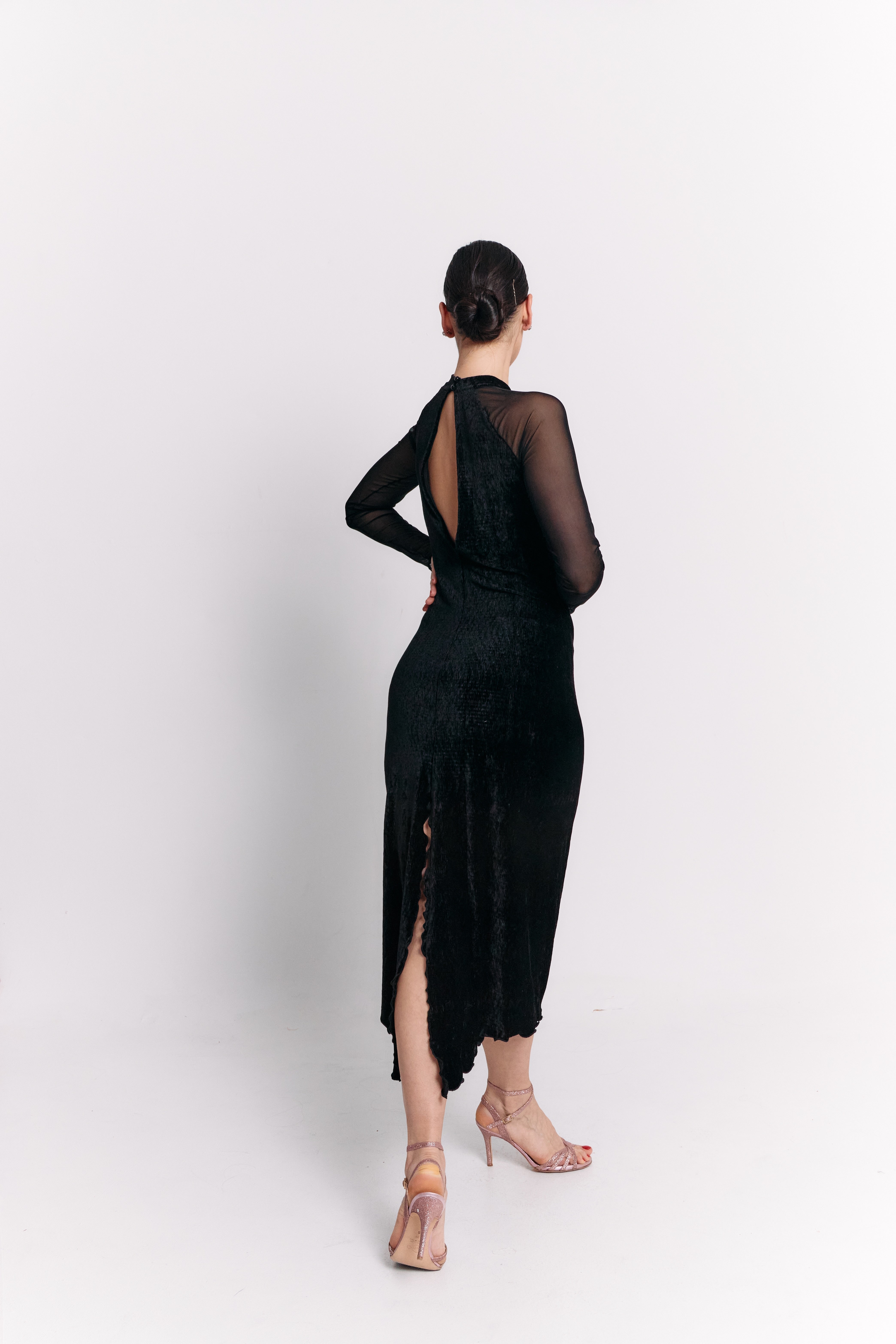 Black Velvet High Neck Open Back Midi Dress