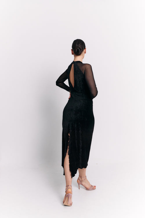 Black Velvet High Neck Open Back Midi Dress