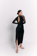 Black Velvet High Neck Open Back Midi Dress