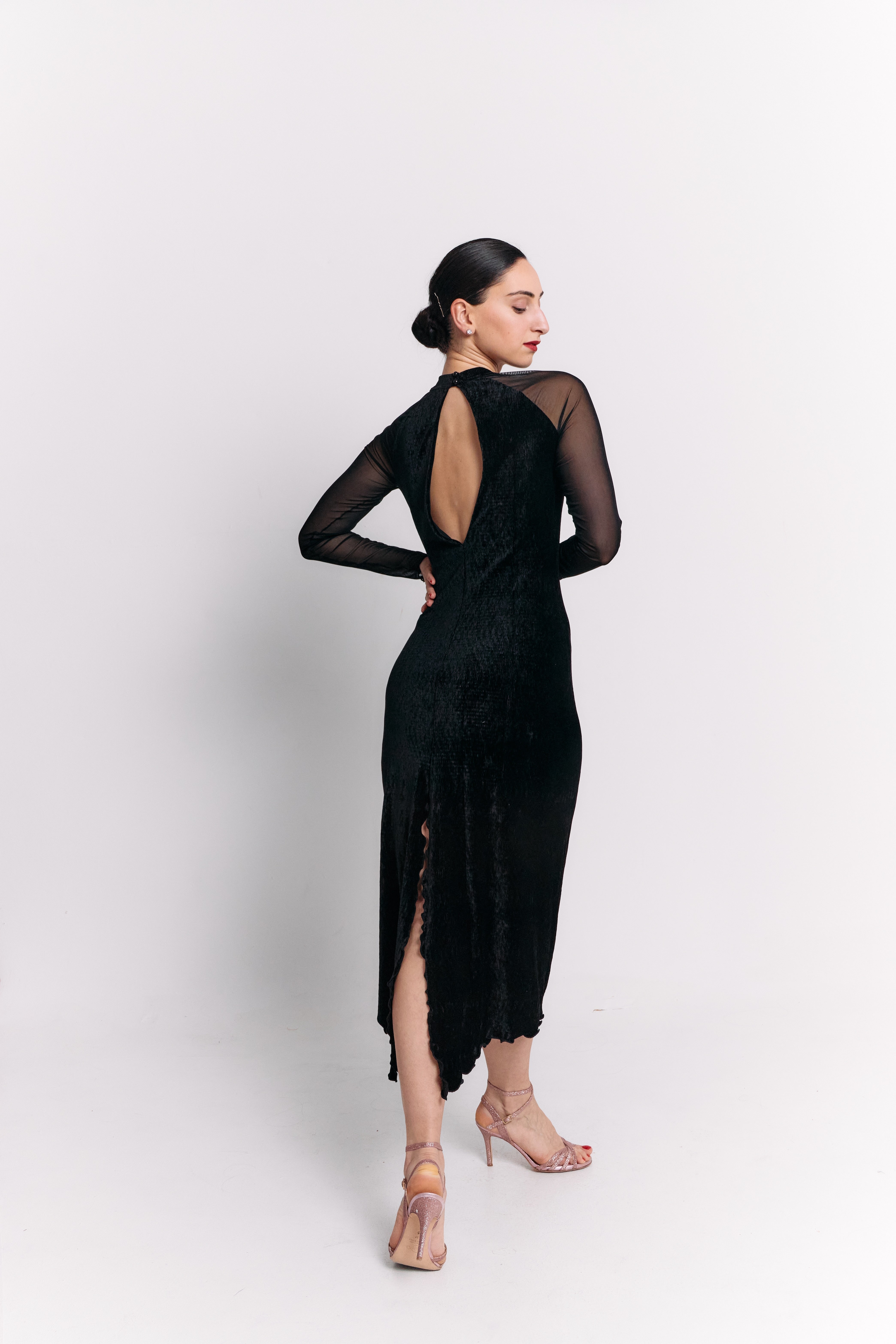 Black Velvet High Neck Open Back Midi Dress