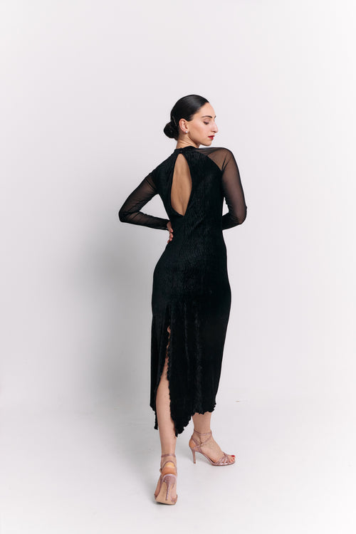 Black Velvet High Neck Open Back Midi Dress