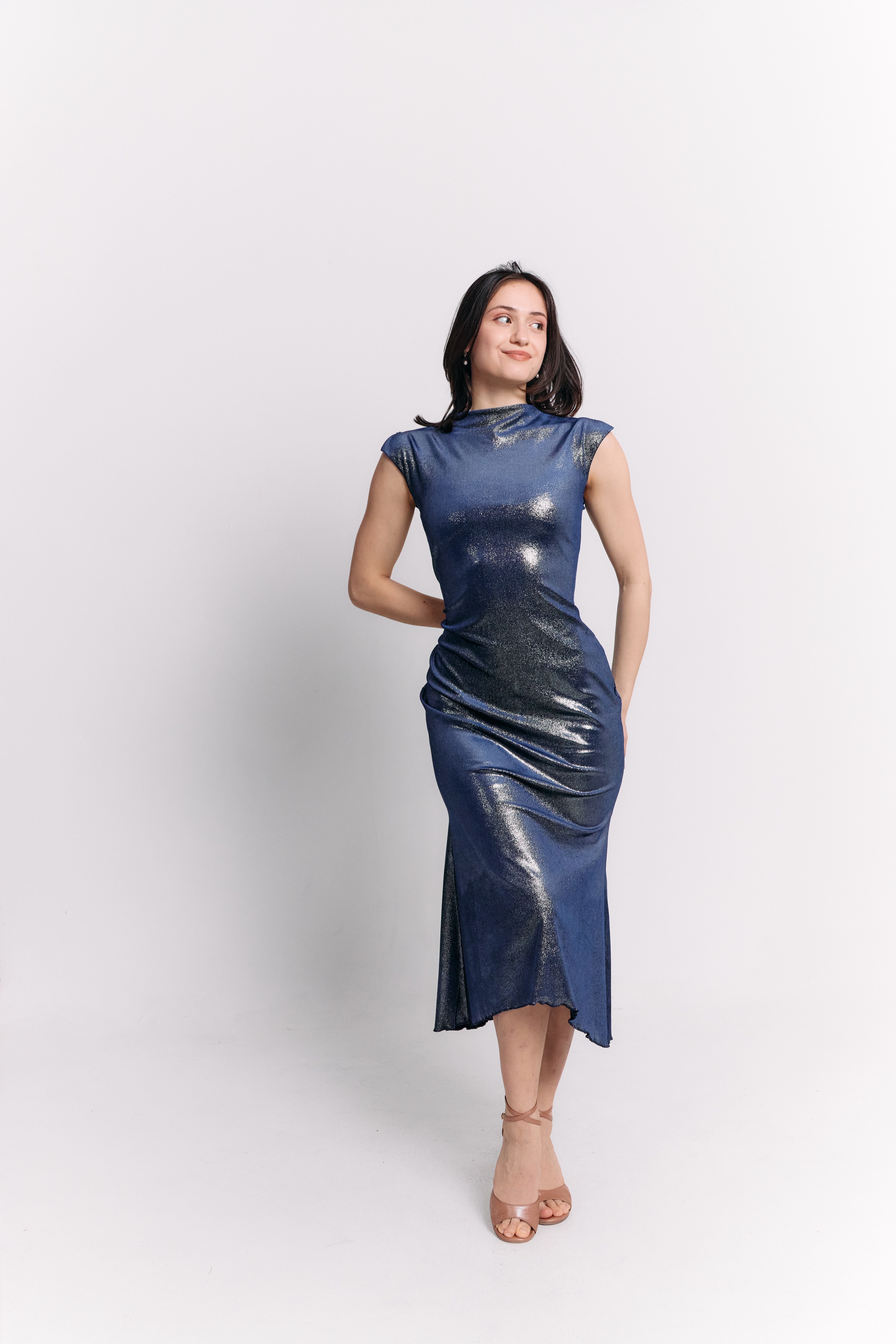 Blue Charcoal Lurex High Neck Open Back Midi Dress