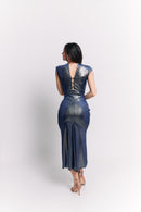 Vestido Midi Lúrex Carbón Azul de Cuello Alto con Espalda Abierta