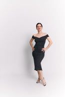 Black Lurex Off-Shoulder Sweetheart Midi Dress