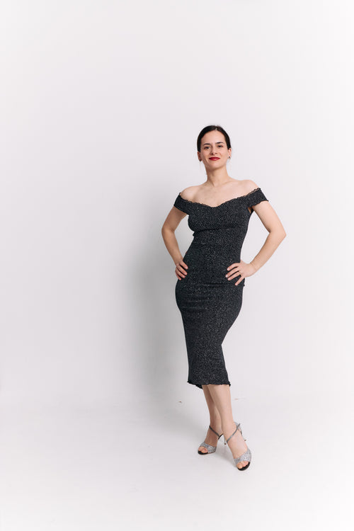 Black Lurex Off-Shoulder Sweetheart Midi Dress