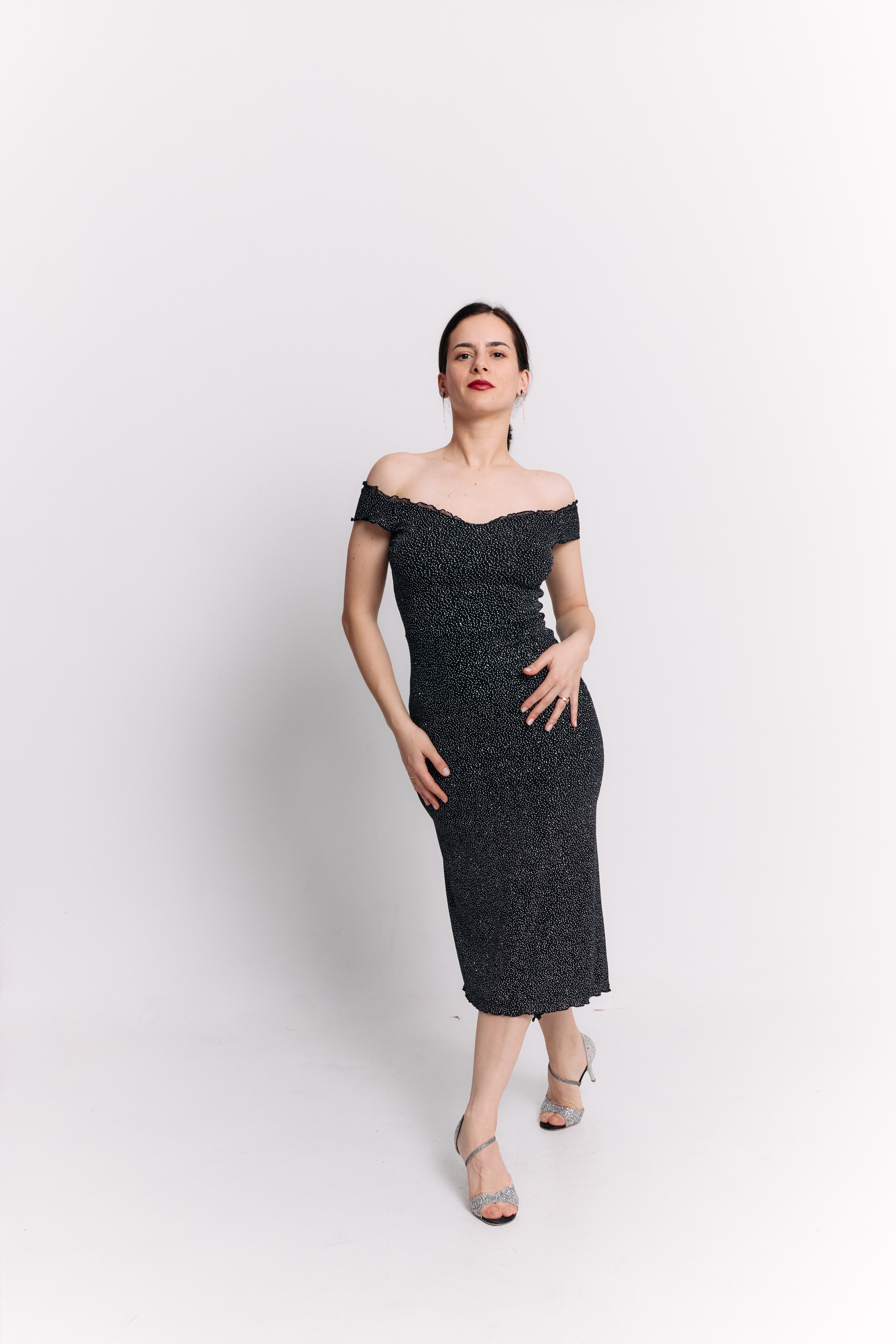Black Lurex Off-Shoulder Sweetheart Midi Dress
