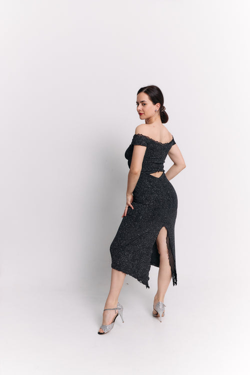 Black Lurex Off-Shoulder Sweetheart Midi Dress