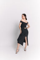 Black Lurex Off-Shoulder Sweetheart Midi Dress