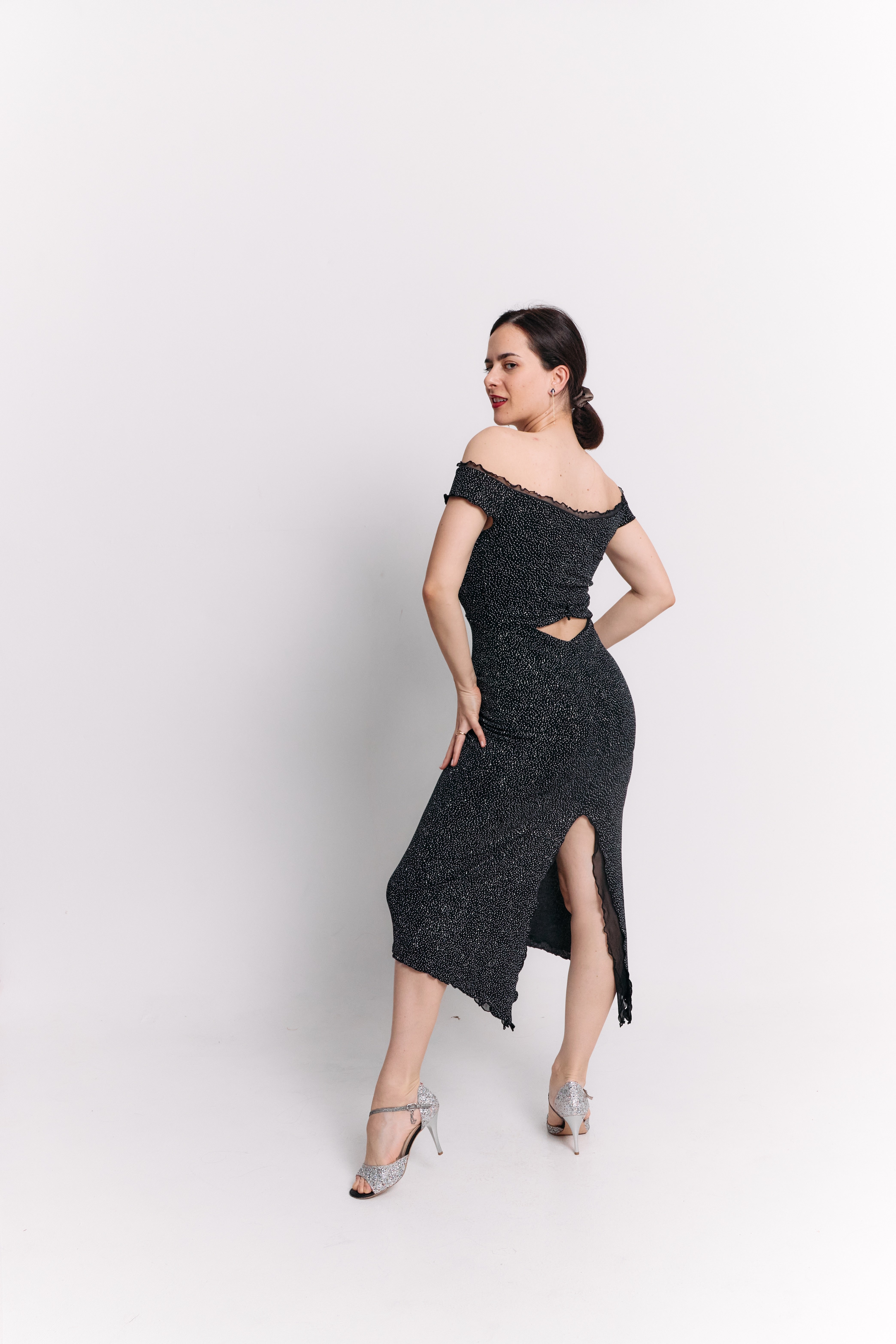 Black Lurex Off-Shoulder Sweetheart Midi Dress