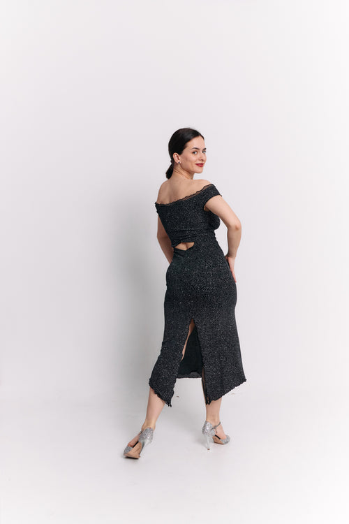 Black Lurex Off-Shoulder Sweetheart Midi Dress