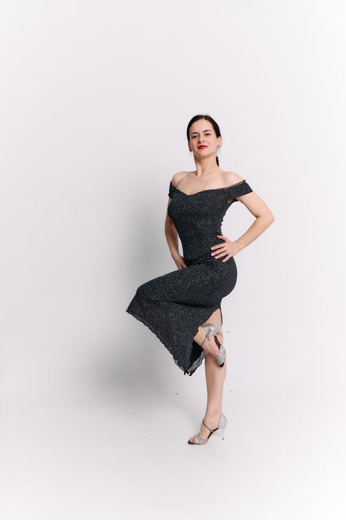 Black Lurex Off-Shoulder Sweetheart Midi Dress