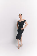 Black Lurex Off-Shoulder Sweetheart Midi Dress