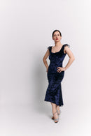 Navy Velvet & Chiffon Open Back Midi Dress