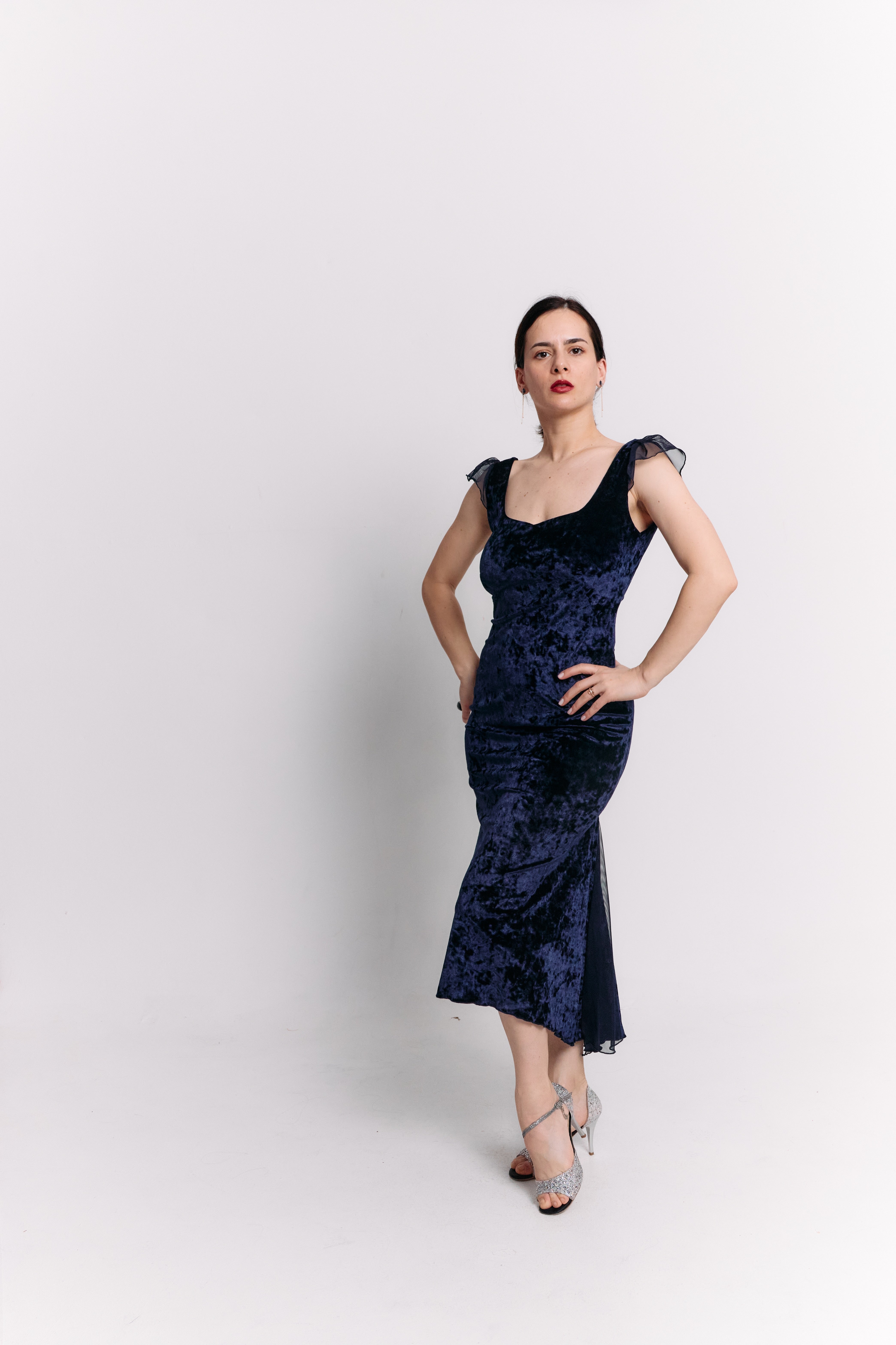 Navy Velvet & Chiffon Open Back Midi Dress