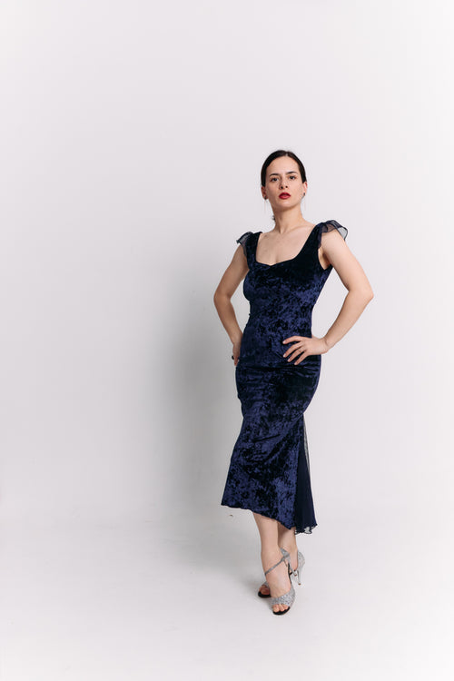 Navy Velvet & Chiffon Open Back Midi Dress