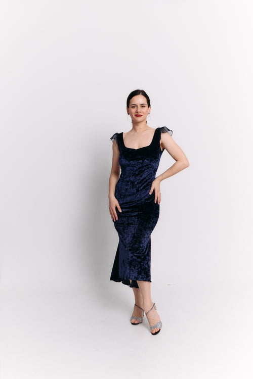 Navy Velvet & Chiffon Open Back Midi Dress