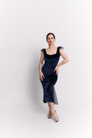 Navy Velvet & Chiffon Open Back Midi Dress