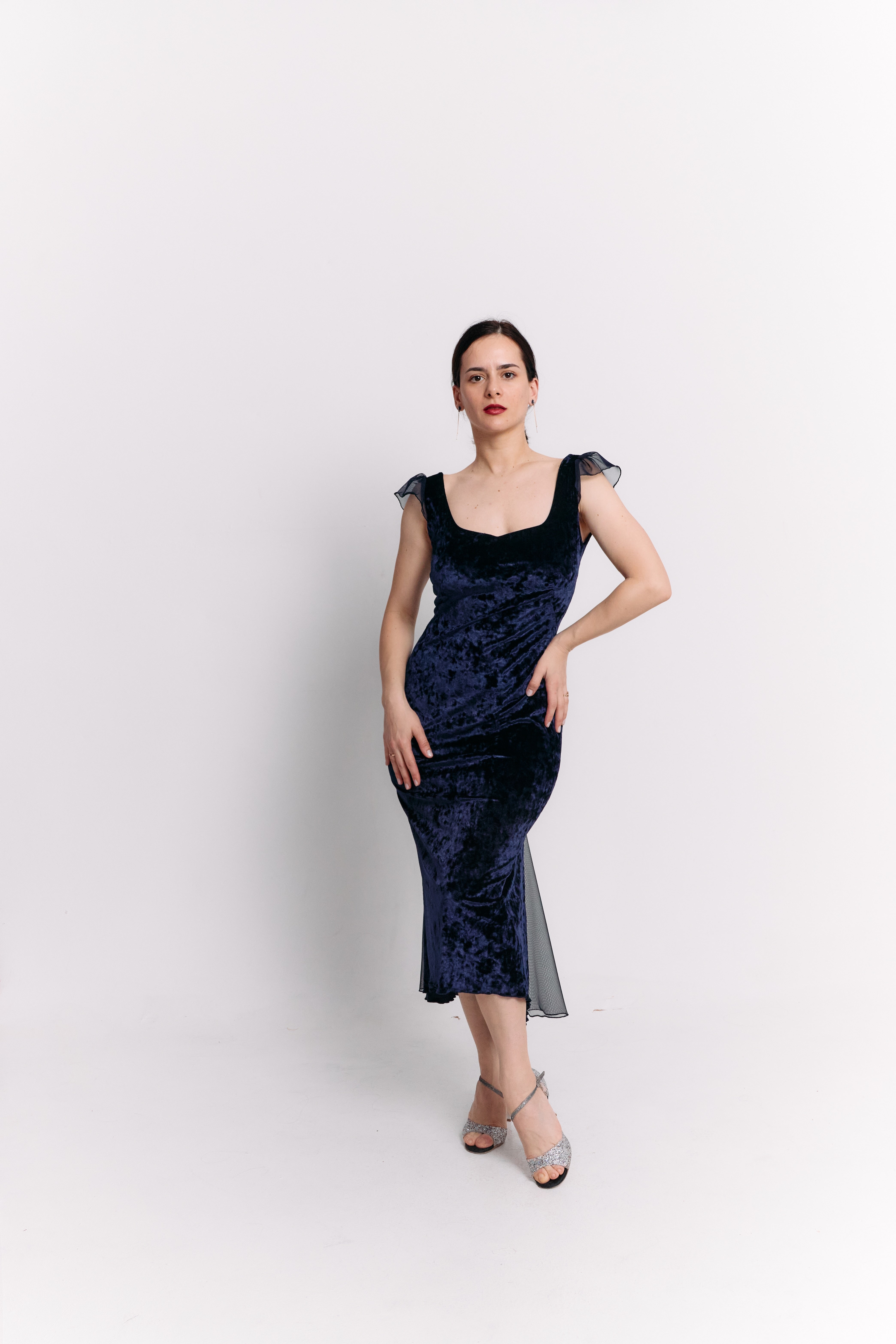 Navy Velvet & Chiffon Open Back Midi Dress