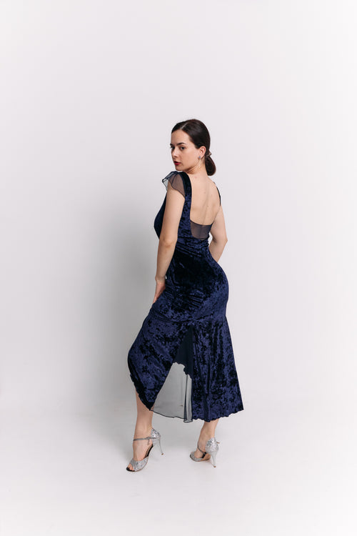 Navy Velvet & Chiffon Open Back Midi Dress