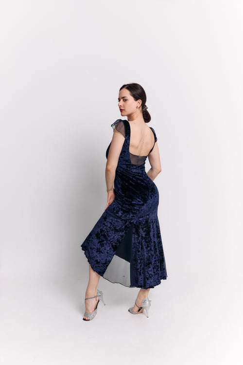 Navy Velvet & Chiffon Open Back Midi Dress