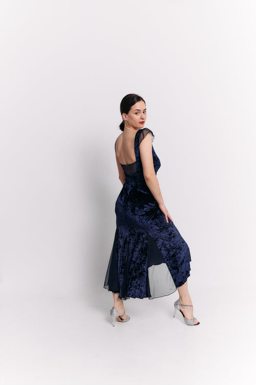 Navy Velvet & Chiffon Open Back Midi Dress