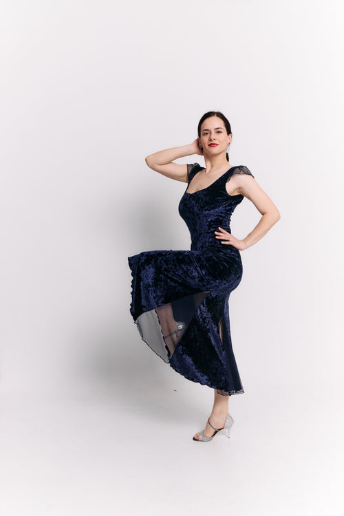 Navy Velvet & Chiffon Open Back Midi Dress