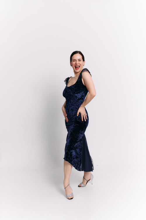 Navy Velvet & Chiffon Open Back Midi Dress
