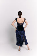 Navy Velvet & Chiffon Open Back Midi Dress