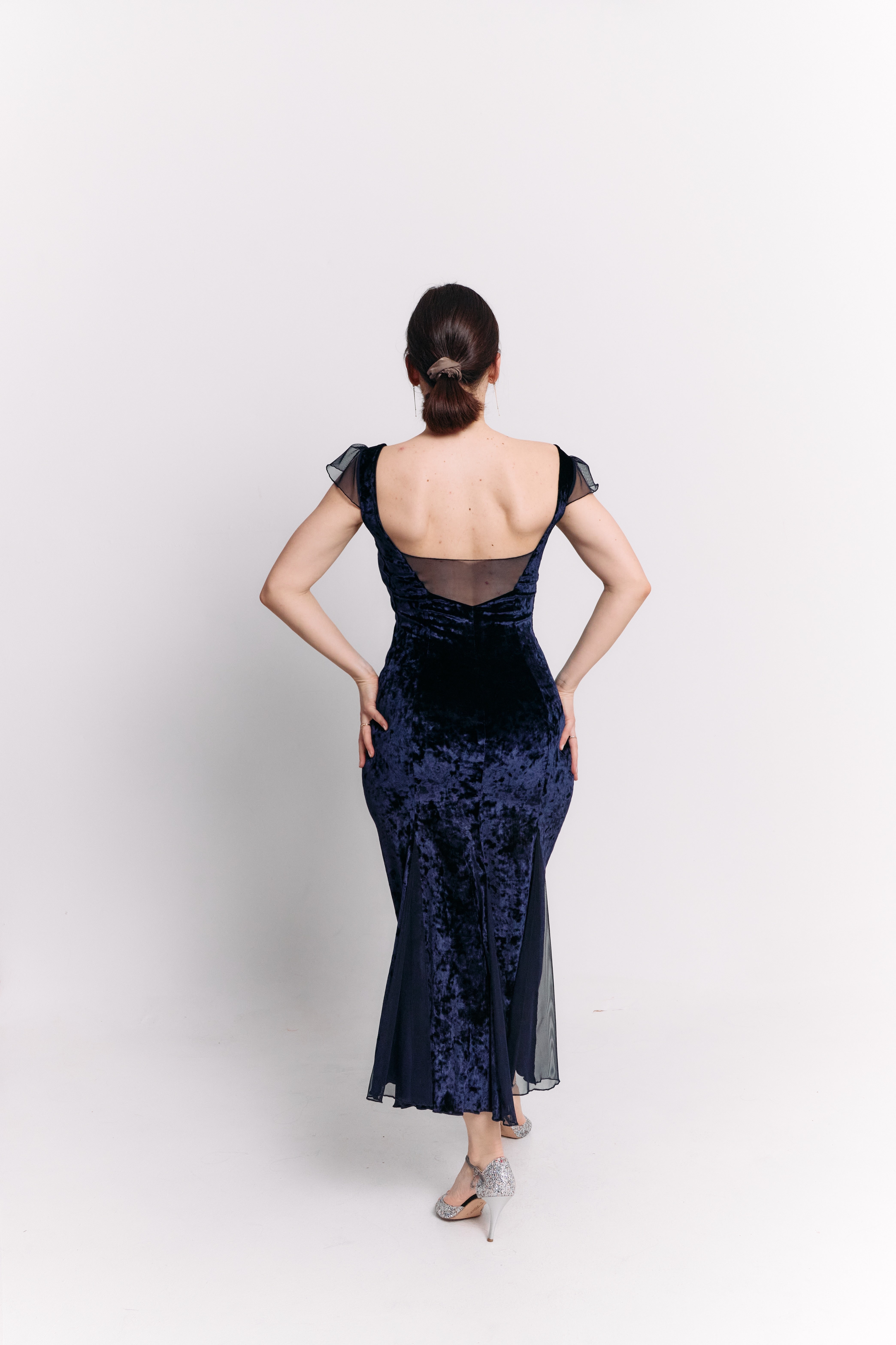 Navy Velvet & Chiffon Open Back Midi Dress