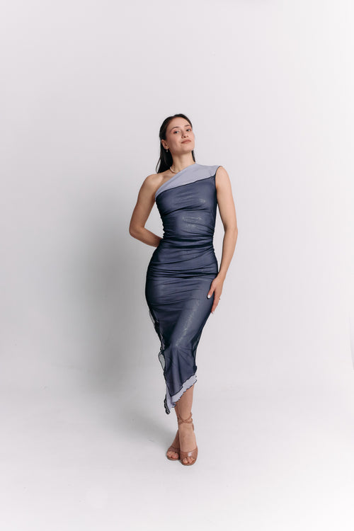 Sleeveless Blue Charcoal Ruched Midi Dress