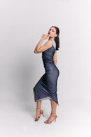Sleeveless Blue Charcoal Ruched Midi Dress