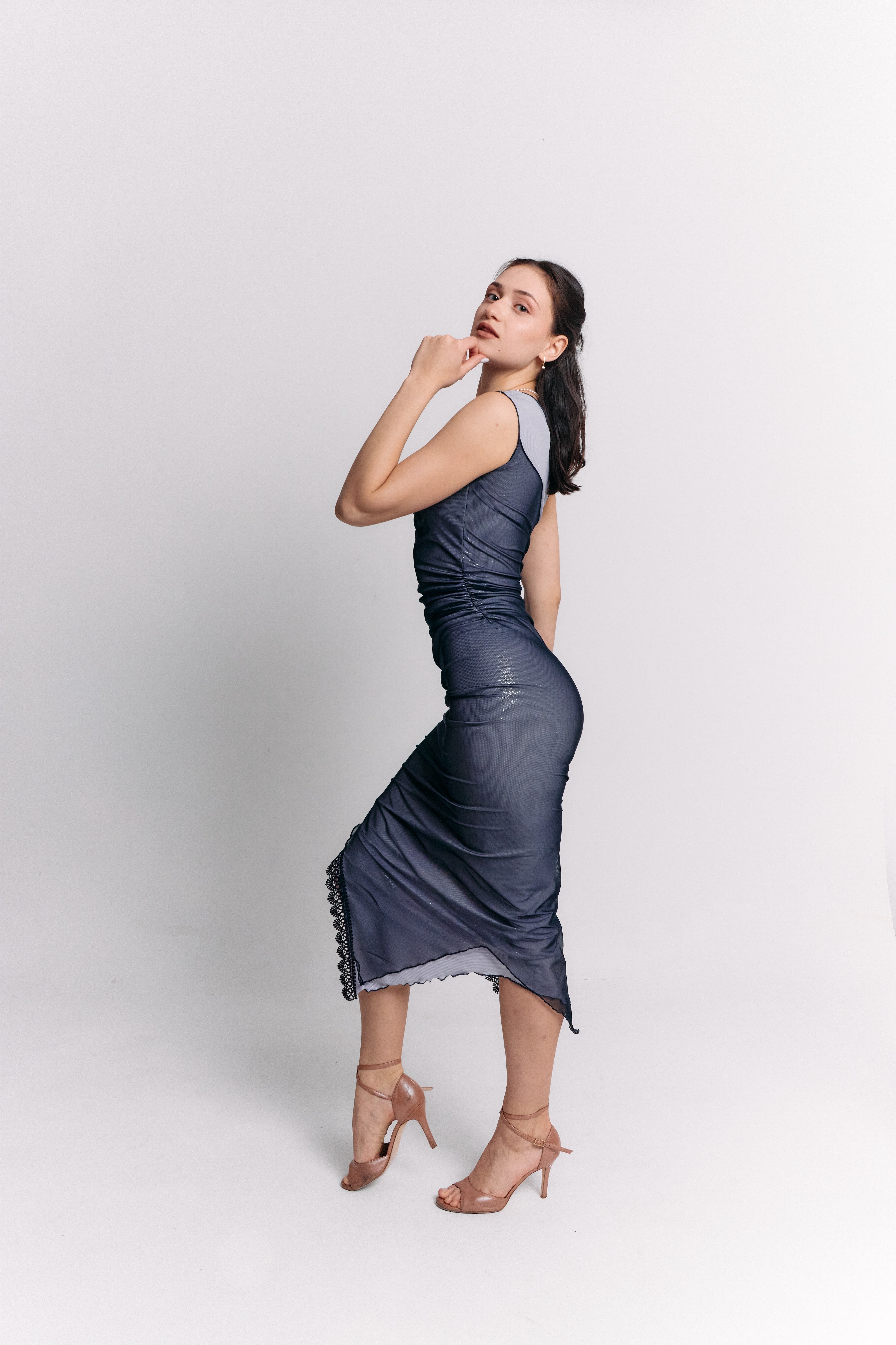 Sleeveless Blue Charcoal Ruched Midi Dress