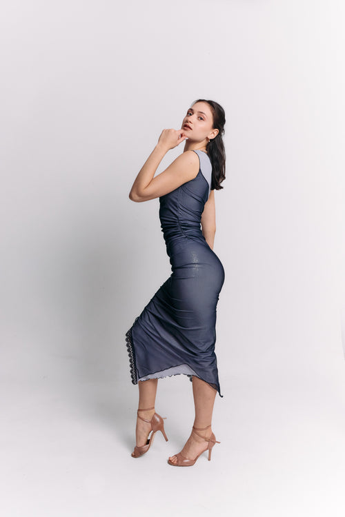 Sleeveless Blue Charcoal Ruched Midi Dress