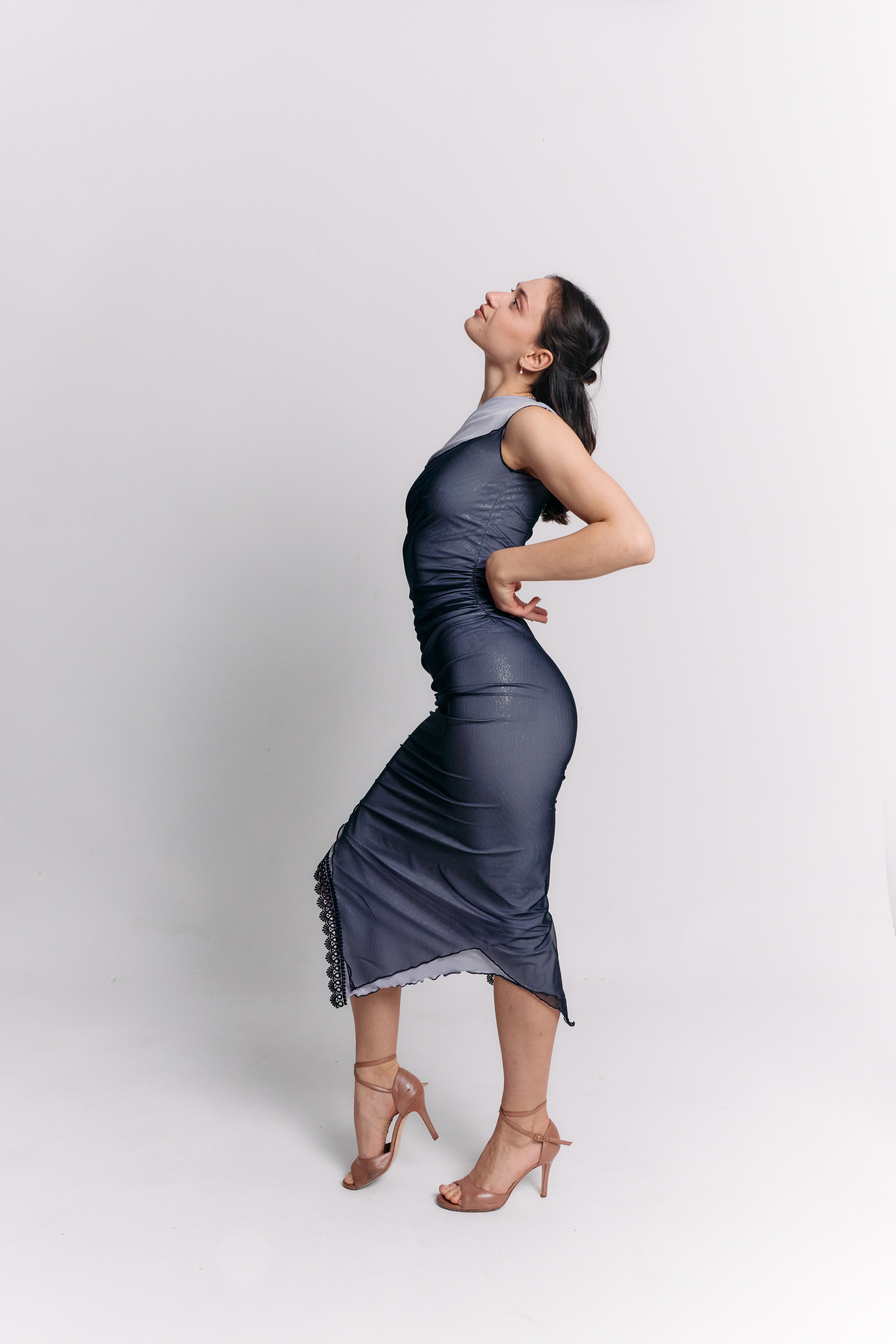 Sleeveless Blue Charcoal Ruched Midi Dress