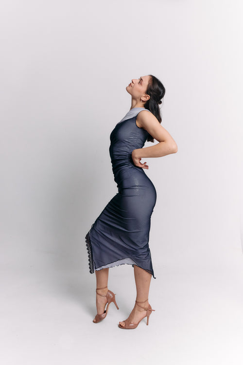 Sleeveless Blue Charcoal Ruched Midi Dress