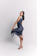 Sleeveless Blue Charcoal Ruched Midi Dress