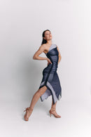 Sleeveless Blue Charcoal Ruched Midi Dress