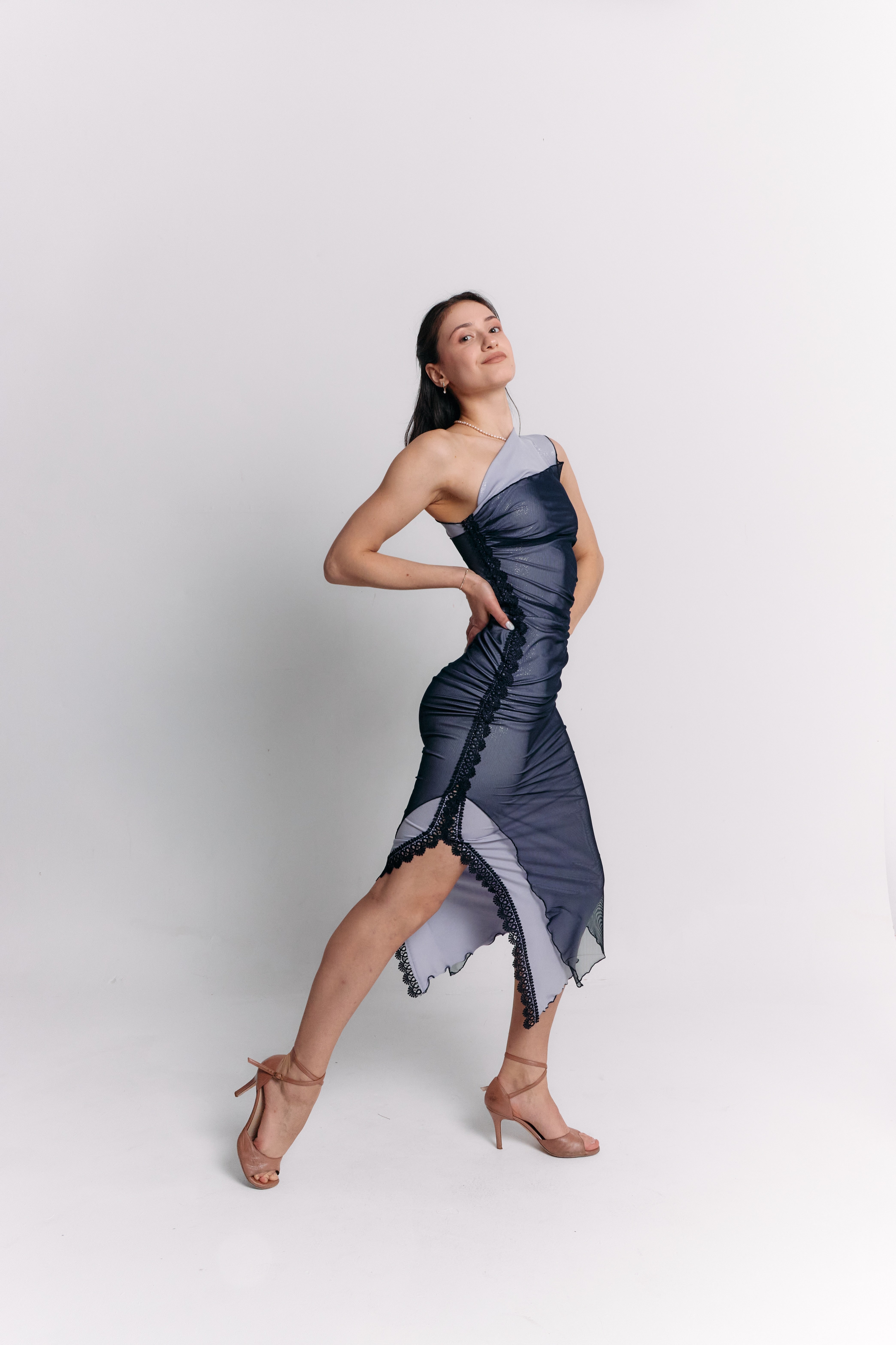 Sleeveless Blue Charcoal Ruched Midi Dress