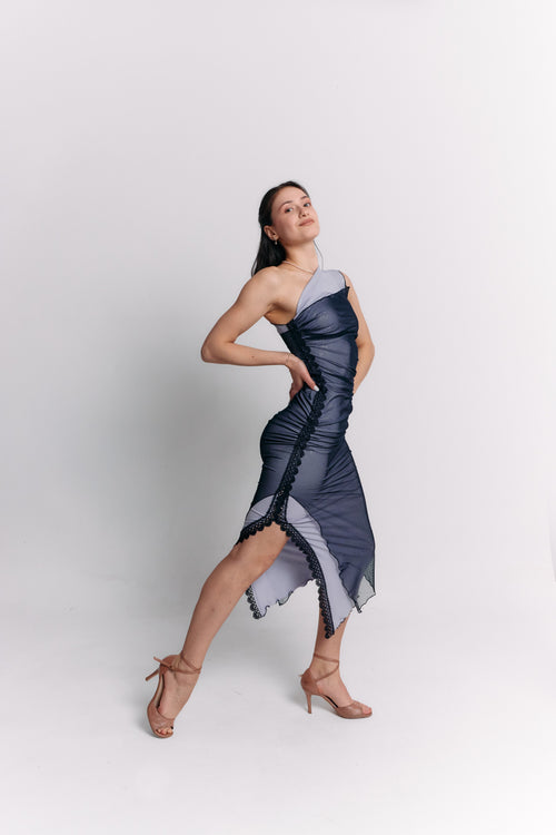 Sleeveless Blue Charcoal Ruched Midi Dress