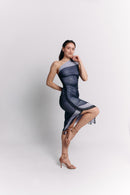 Sleeveless Blue Charcoal Ruched Midi Dress