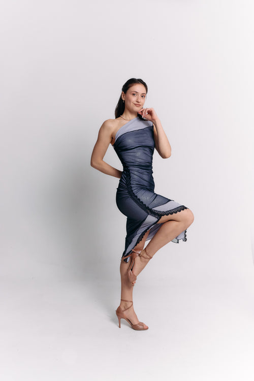 Sleeveless Blue Charcoal Ruched Midi Dress