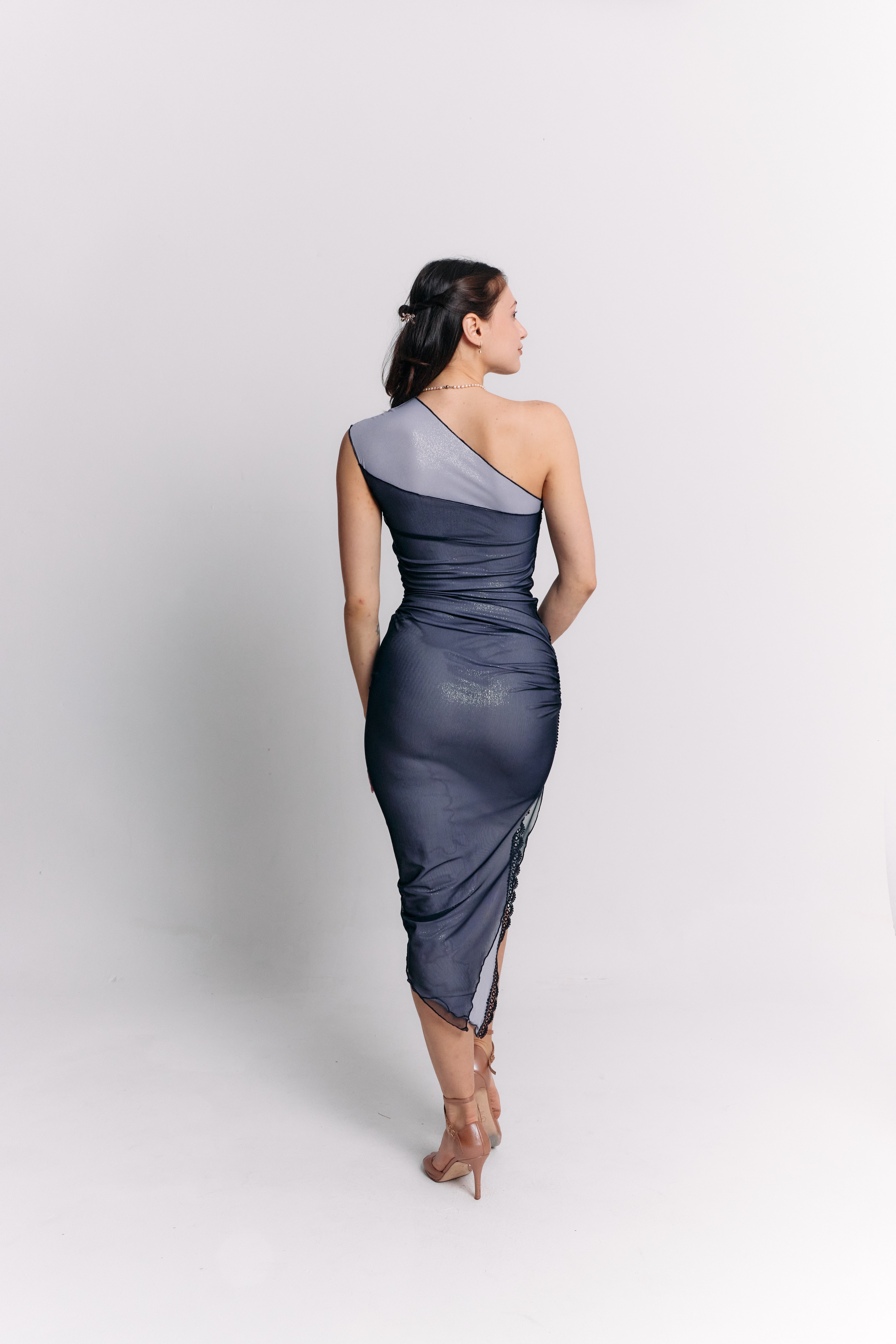 Sleeveless Blue Charcoal Ruched Midi Dress