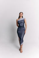 Sleeveless Blue Charcoal Ruched Midi Dress